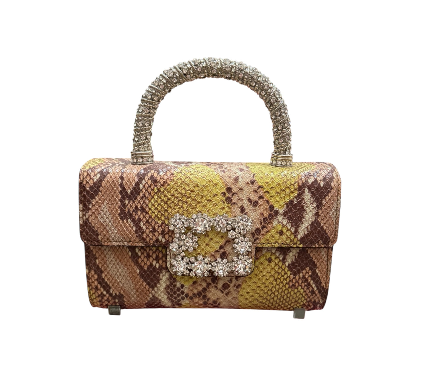 Faux Snakeskin Crystal Top Handle Clutch