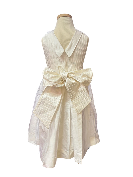 White Silk Pintuck Top Collar Dress- Kids