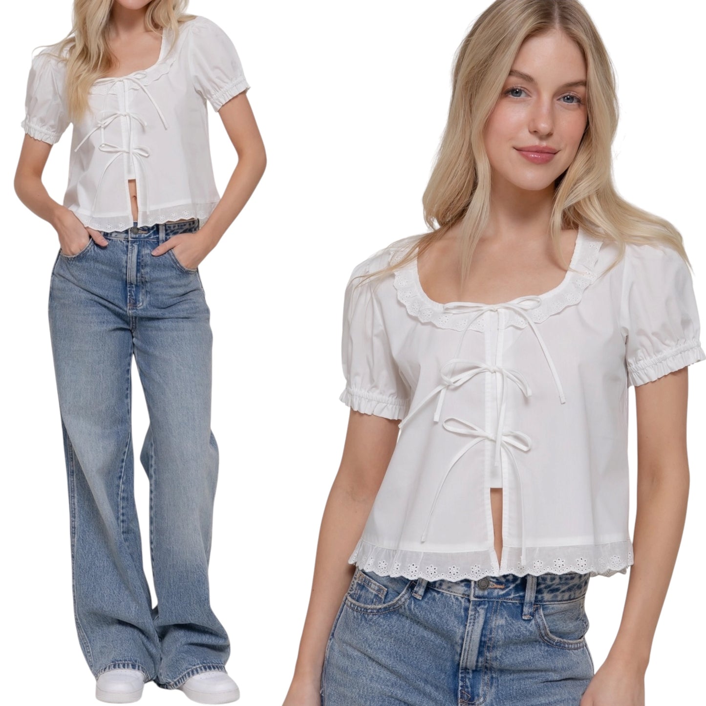 White Eyelet Trim Boxy Top