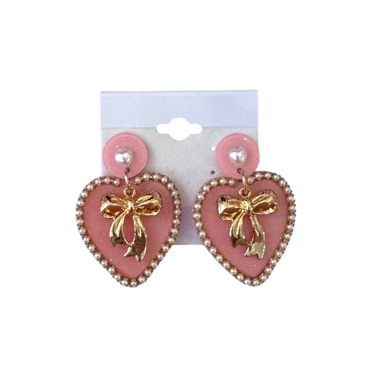 Acrylic Pink Heart Gold Bow Earrings
