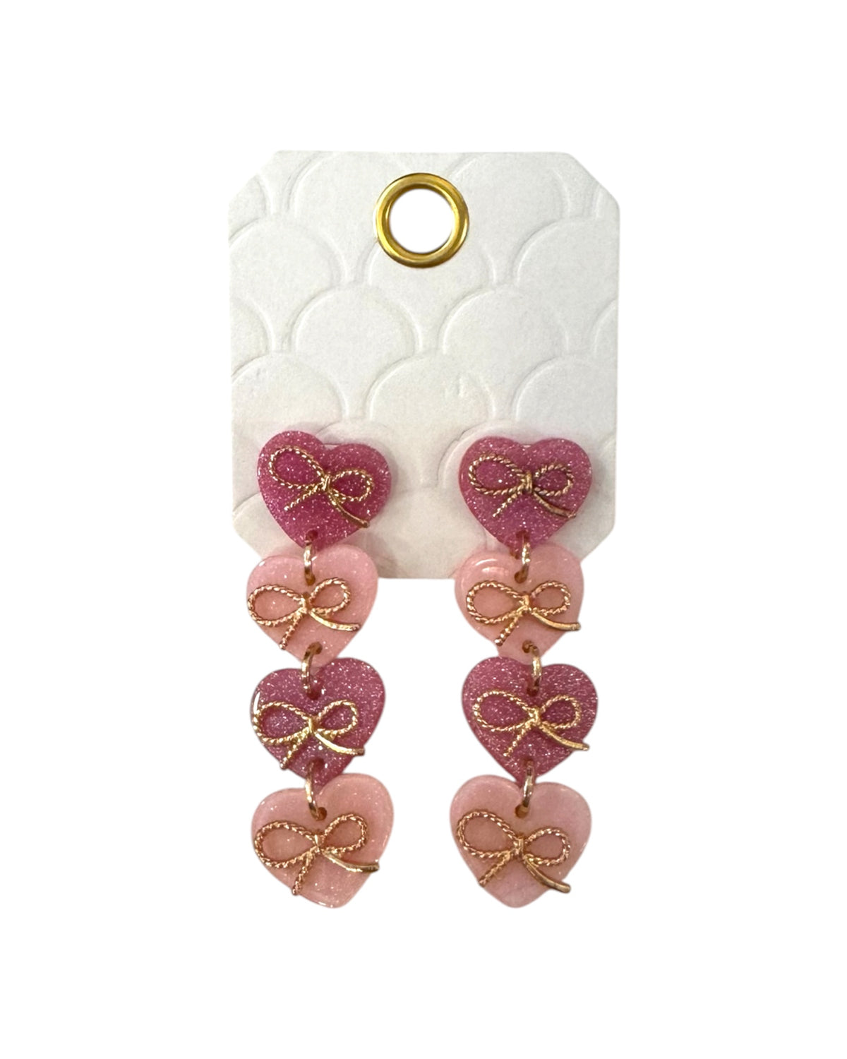 Acrylic Pink Hearts Gold Bow Drop Earrings