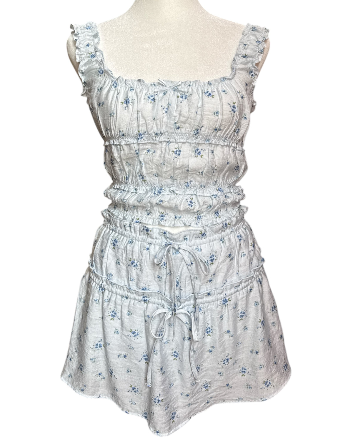 Blue Floral Smocked Sleeveless Set