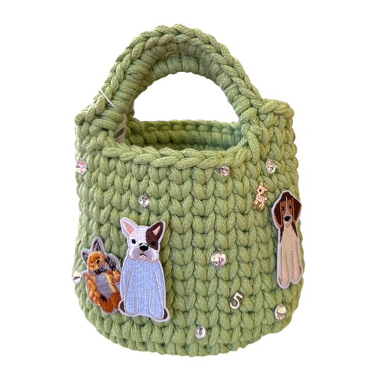 Mini Green Embellished Knit Bucket Bag