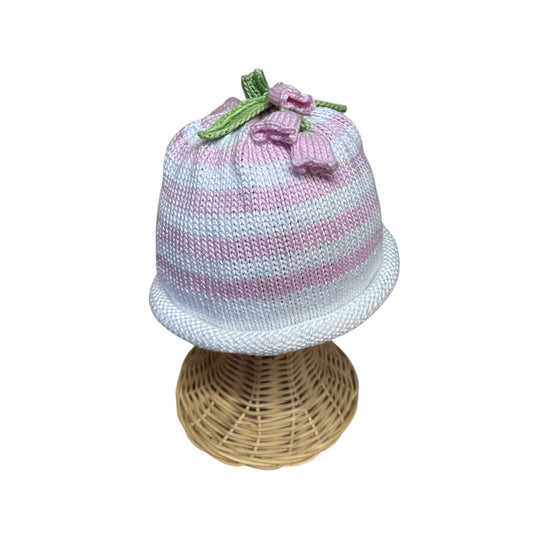 Pink Stripe w/ Flowers Knit Beanie- Infant
