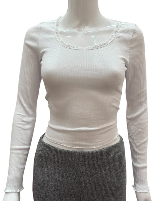 White Ribbed Lettuce Hem Long Sleeve