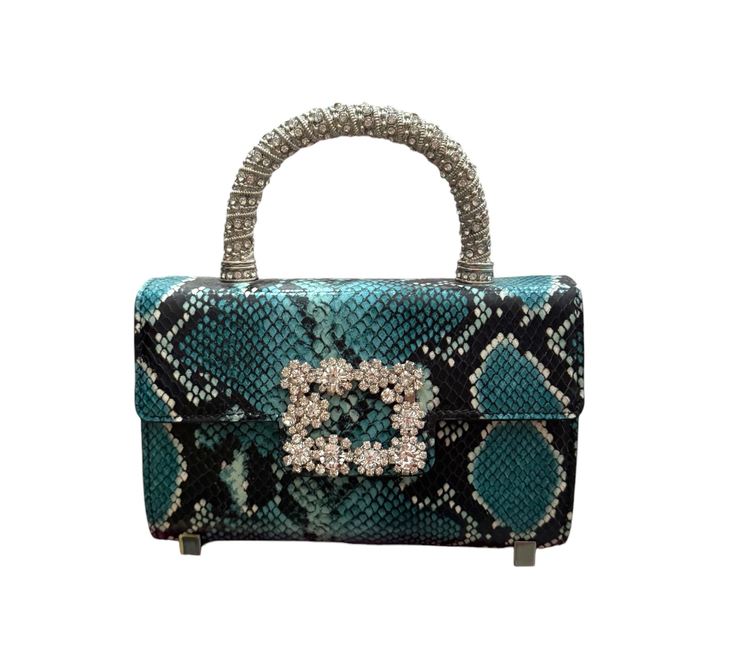 Faux Snakeskin Crystal Top Handle Clutch