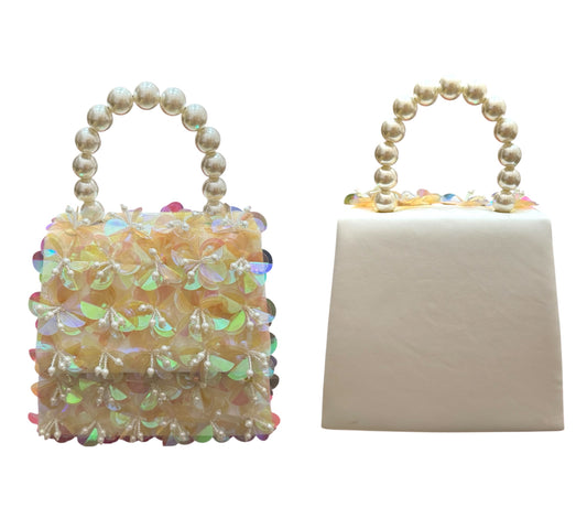 Iridescent Flower Appliqué Top Handle Purse