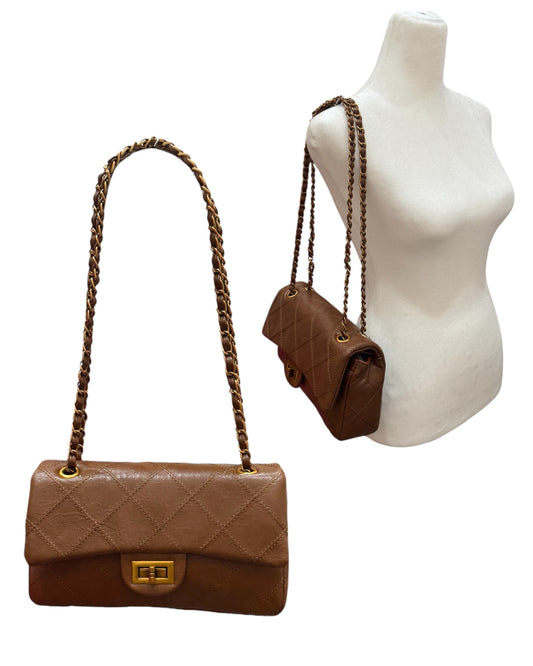 Brown Faux Leather Quilted Flap Bag