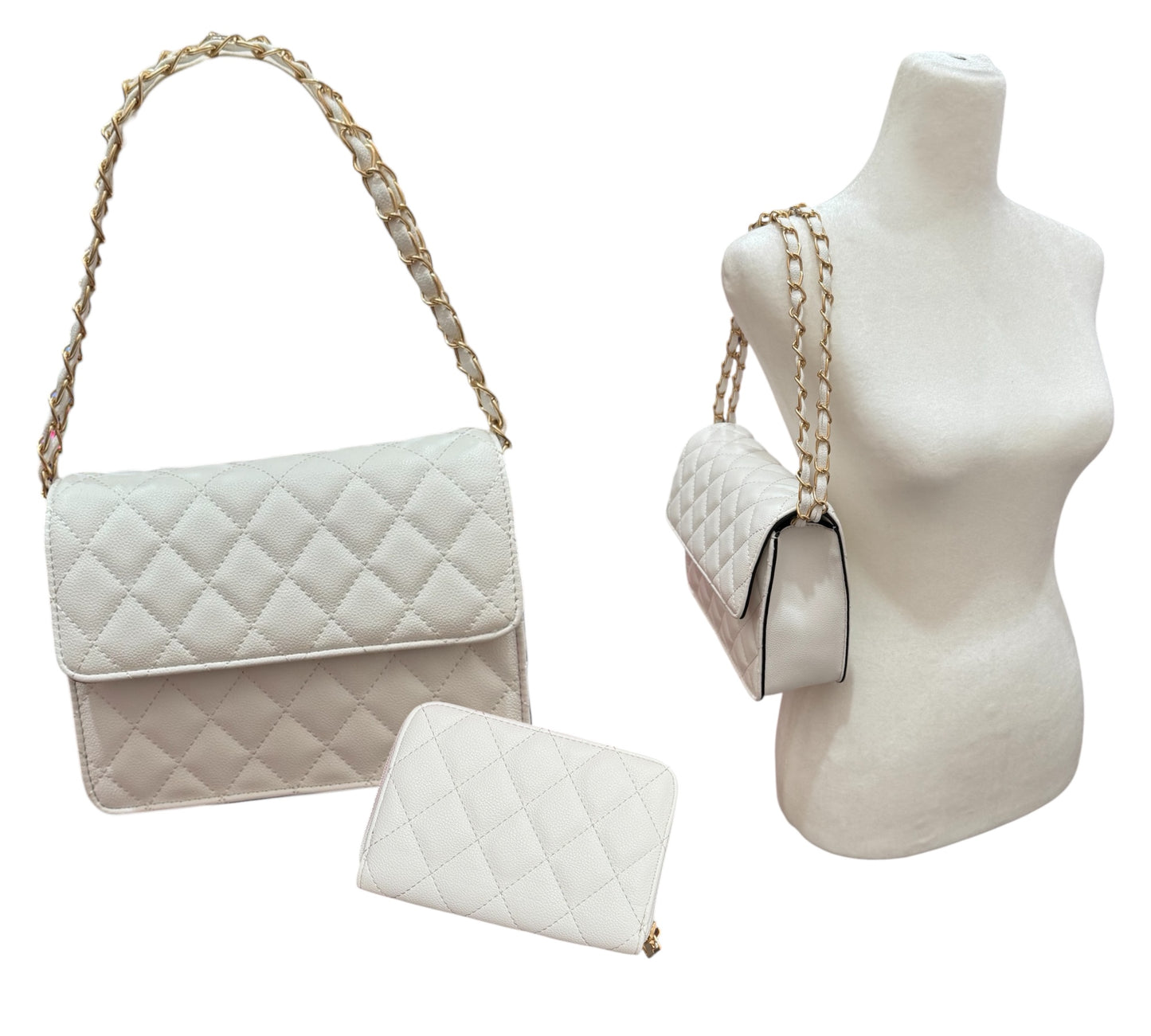 White Quilted Flap Bag W. Wallet