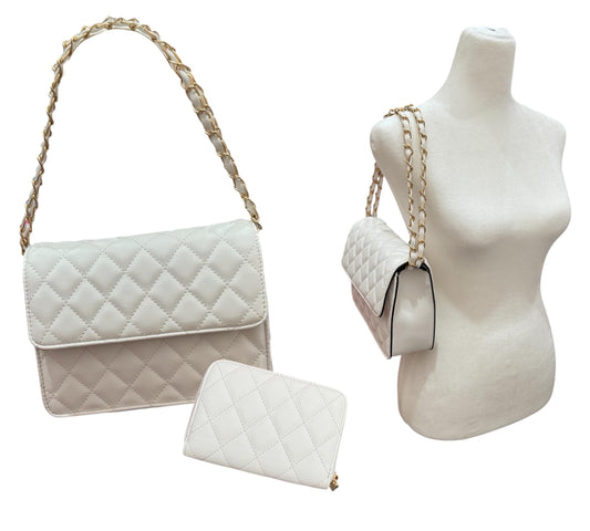 White Quilted Flap Bag W. Wallet
