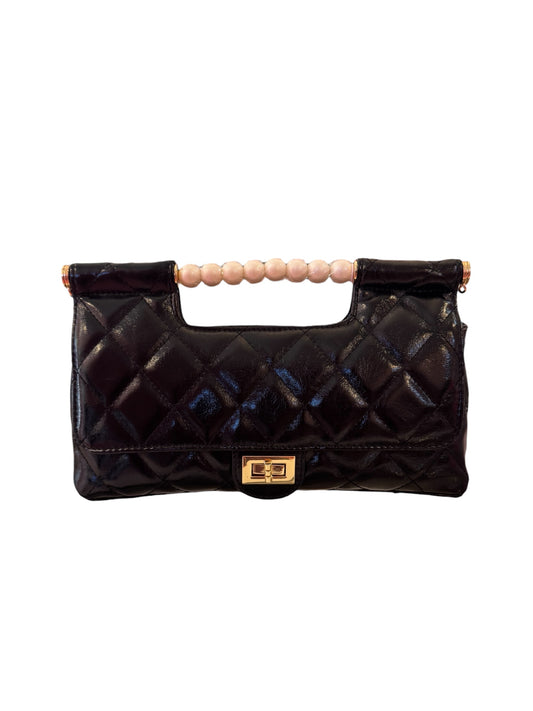 Black Quilted Pearl Top Handle Clutch