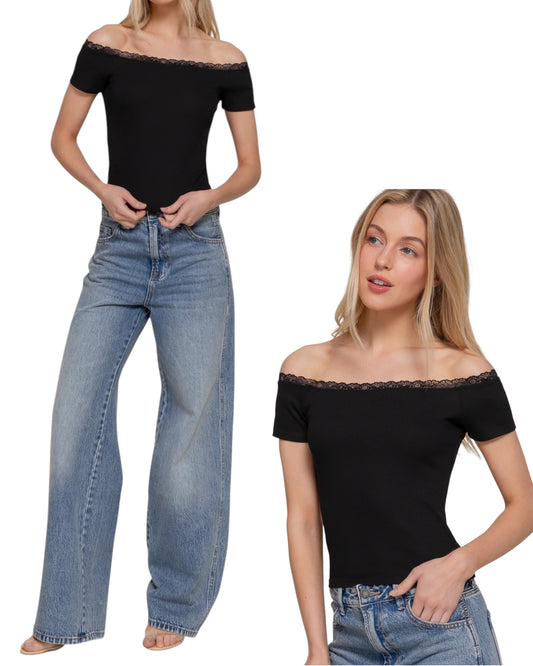 Black Off Shoulder Lace Trim Top
