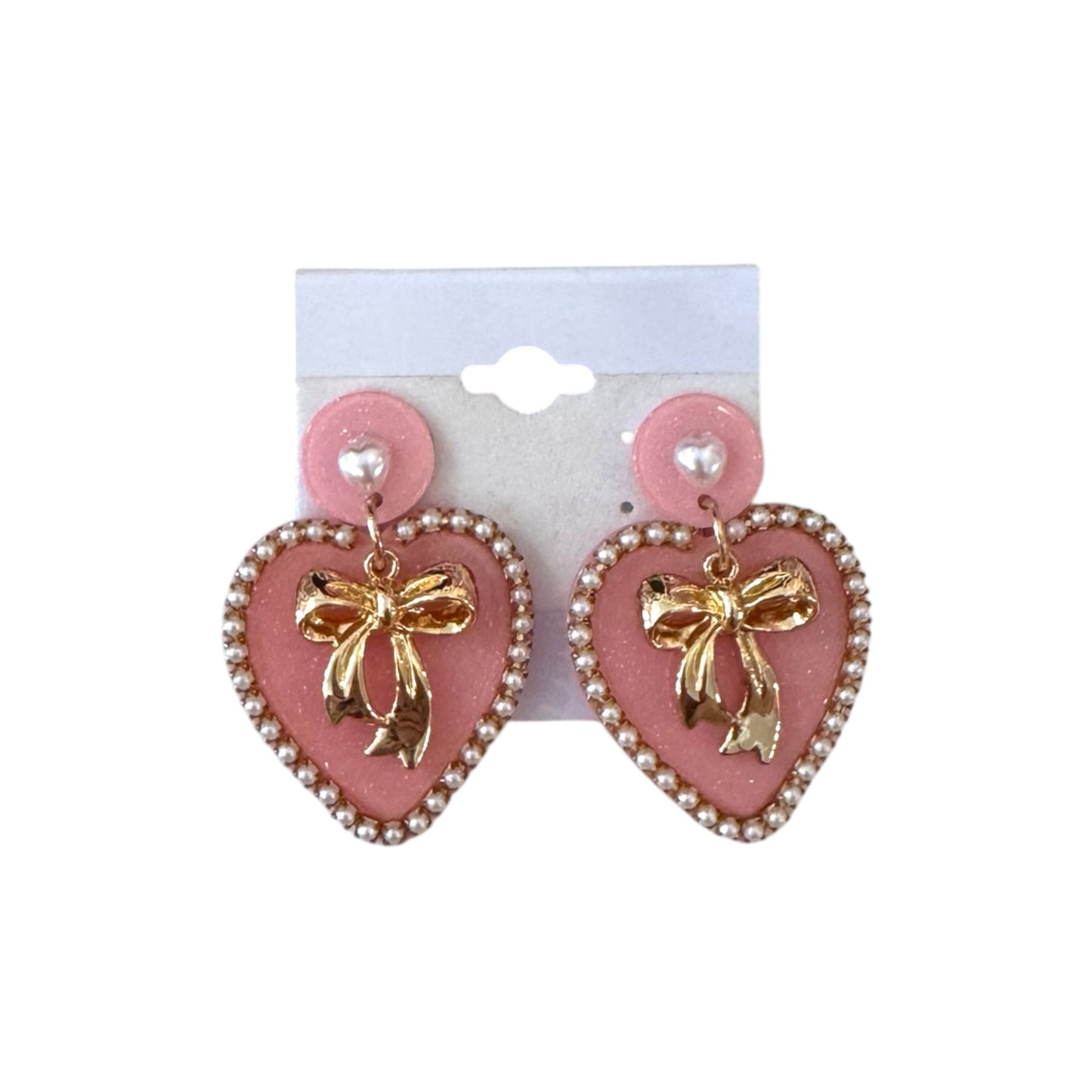 Acrylic Pink Heart Gold Bow Earrings