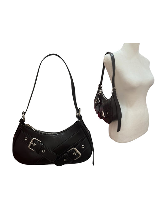Black Double Belt Crescent Purse