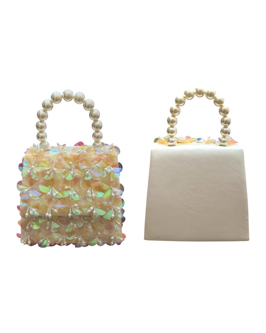 Iridescent Flower Appliqué Top Handle Purse