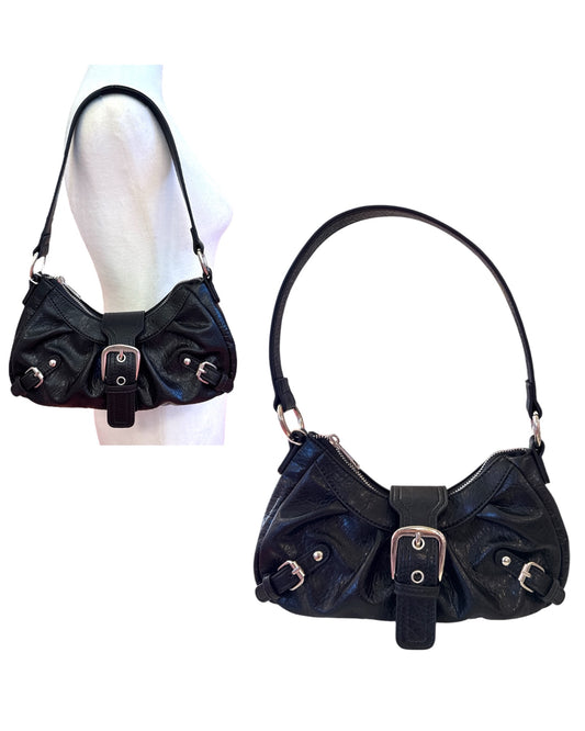 Black Relaxed Faux Leather Moto Shoulder Bag
